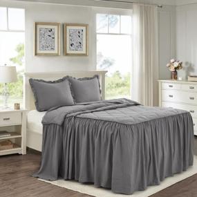 img 4 attached to Dark Gray Diamond Stitched Farmhouse Ruffled Skirt Bedspread Set King, 30" Drop Dust Ruffle Coverlet, French Country Washed Microfiber Bedding Collections For Bedroom Decor - HIG 3 Piece Elain