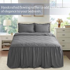 img 3 attached to Dark Gray Diamond Stitched Farmhouse Ruffled Skirt Bedspread Set King, 30" Drop Dust Ruffle Coverlet, French Country Washed Microfiber Bedding Collections For Bedroom Decor - HIG 3 Piece Elain