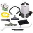 provac fs 6 backpack vacuum cleaner for commercial use with hepa media filtration and a 6 quart capacity, plus a residential cleaning service kit, corded logo