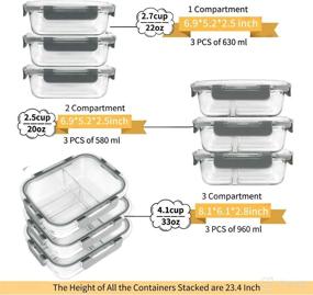 img 3 attached to 🍱 Bayco 9 Pack Glass Meal Prep Containers with 3 & 2 & 1 Compartments, BPA-Free & Leak Proof - Grey