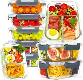 img 4 attached to 🍱 Bayco 9 Pack Glass Meal Prep Containers with 3 & 2 & 1 Compartments, BPA-Free & Leak Proof - Grey