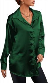 img 2 attached to LYANER Женская атласная шелковая блуза с длинным рукавом и V-образным вырезом на пуговицах, топ-рубашка