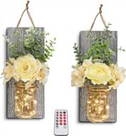 rustic wall decor mason jars sconces with remote control led lights and flowers hanging farmhouse kitchen bathroom bedroom living room home decor (set of 2) - rustic grey logo