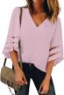 chic and comfortable: lookbookstore women's v-neck mesh panel blouse with 3/4 bell sleeves logo