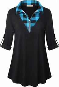 img 3 attached to BAIKEA Women'S Plaid Zip Patchwork Tunic Top With V-Neck - Long Sleeve Shirt Ideal For Casual, Work, And Formal Wear