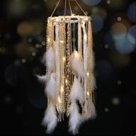 large led light up dream catcher mobile with golden lace & bells - 7.9wx22l inches feathers wedding boho decorations nursery hanging ornaments battery powered logo
