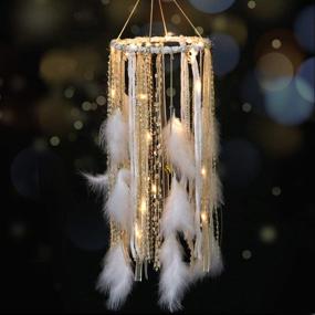img 4 attached to Large LED Light Up Dream Catcher Mobile With Golden Lace & Bells - 7.9Wx22L Inches Feathers Wedding Boho Decorations Nursery Hanging Ornaments Battery Powered