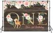 deer-ful first birthday party poster: sweet girl's sika deer theme backdrop featuring floral design, rustic wood plank floor background and photo booth props - 5x3ft photo banner logo