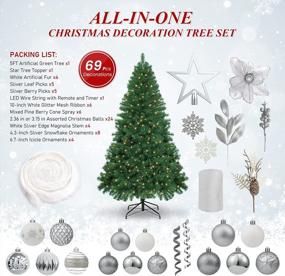 img 3 attached to WBHome 5FT Decorated Artificial Christmas Tree With Ornaments And Lights, Silver White Christmas Decorations Including 5 Feet Full Tree, Ornaments Set, 200 LED Lights