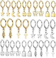 🦋 stylish 14pairs mini huggie hoop earrings set for women: butterfly, star, cross, moon dangle charms & cuffs logo