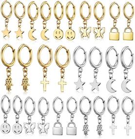 img 4 attached to 🦋 Stylish 14Pairs Mini Huggie Hoop Earrings Set for Women: Butterfly, Star, Cross, Moon Dangle Charms & Cuffs