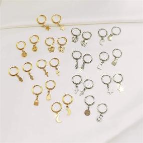 img 3 attached to 🦋 Stylish 14Pairs Mini Huggie Hoop Earrings Set for Women: Butterfly, Star, Cross, Moon Dangle Charms & Cuffs