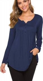 img 3 attached to Women'S Long Sleeve Henley V-Neck Tunic Shirt - Loose Fit Pleated Blouse Top