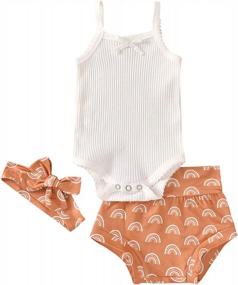 img 4 attached to Cute And Comfortable 3-Piece Baby Girls Shorts Set: Romper, Shorts, And Headband