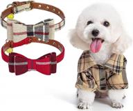 small dog shirt and 2 pack collars set - plaid clothing apparel cat lapel costume polo, adjustable bowtie soft leather kitten puppy collar with charm logo