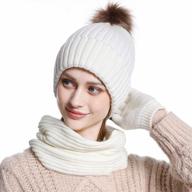 3 шт., женская зимняя вязаная шапка, шарф, перчатки, комплект с помпоном, шапка-бини и флисовая подкладка, сенсорный экран, теплые перчатки для шеи логотип