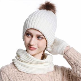img 4 attached to 3Pcs Women Winter Knit Hat Scarf Gloves Set With Pompom Beanie Cap And Fleece Lined Touchscreen Neck Warmer Gloves