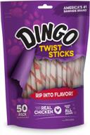 50-count dingo twist sticks rawhide chews made with real chicken logo