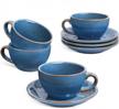 set of 4 le tauci 8 oz ceramic cappuccino cups with saucers in ceylon blue for large coffee, double shots, lattes, cafe mochas, and tea logo
