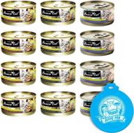 fussie cat premium can wet food variety 12 pack - tuna with clams, mussels, and threadfin bream 2.82 oz cans, includes hippo paw silicone universal can cover in assorted color/design логотип