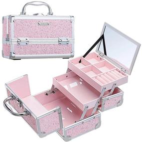 img 4 attached to Shiny Pink Jewelry Organizer Travel Case With Lock, Key, And Mirror - Ideal For Makeup, Brushes, Toiletries, Nail Polish, And Vintage Accessories - Perfect For Women And Girls
