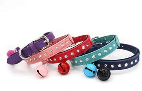 img 1 attached to Navy PU Leather Dog Collar With Rhinestone Deco, Safety Bell And Seatbelt For XS Puppies By Tangpan