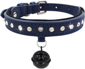 img 4 attached to Navy PU Leather Dog Collar With Rhinestone Deco, Safety Bell And Seatbelt For XS Puppies By Tangpan