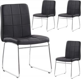 img 2 attached to Набор из 4 современных обеденных стульев Bacyion с мягкой подушкой из искусственной кожи, хромированными ножками салазок для кухни и дома (черный)