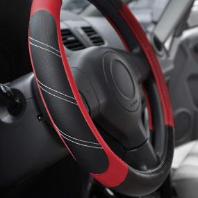 img 3 attached to Leather Steering Wheel Cover 15.5-16" Universal Large Grip Breathable Anti Slip Black Red Car Truck SUV Jeep
