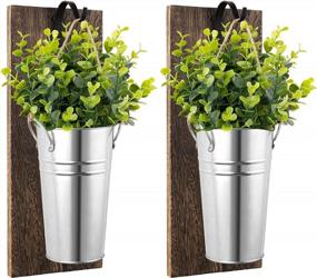 img 4 attached to Rustic Wall Vase Set With Artificial Greenery - Dahey Galvanized Metal Planter With Wood Boards For Indoor/Outdoor Herb Plants And Flowers