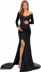 img 4 attached to Off Shoulder Long Sleeve Maternity Gown Maxi Dress For Baby Shower Photography - Elegant Fitted Side Split ZIUMUDY
