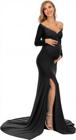 img 3 attached to Off Shoulder Long Sleeve Maternity Gown Maxi Dress For Baby Shower Photography - Elegant Fitted Side Split ZIUMUDY