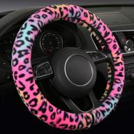 fluffy leopard steering wheel cover for women - girly, plush, sweat-absorbent, universal fit 15 inch - red (heha fluffy-leo) логотип