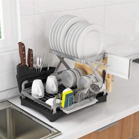 img 2 attached to XIGOO 2-х уровневая большая кухонная сушилка для посуды с сушилкой, подстаканник и вешалка для посуды, сушилка для посуды с нержавеющим покрытием для столешницы, полка для сушки посуды (серебро)