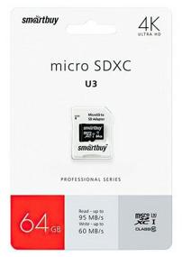 img 1 attached to SmartBuy Professional Series microSDXC 64GB Class 10, V30, A1, UHS-I U3, R/W 95/60MB/s Memory Card, SD Adapter, 1pc, Black