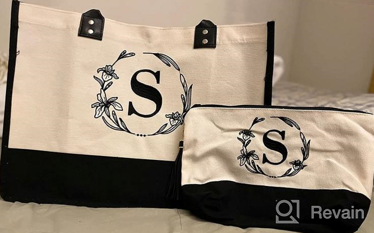 img 1 attached to Personalized Canvas Tote Bag With Monogram Embroidery And Leather Handle - Ideal Birthday Gift For Women By BeeGreen review by Trey Samuels