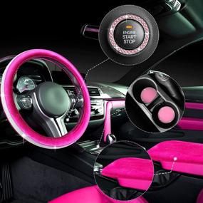 img 4 attached to 5 Pieces Bling Car Accessories Set Crystal Diamond Car Steering Wheel Cover Faux Fur Auto Center Console Pad Cup Insert Cup Holders Rhinestone Ring Sticker For Car Decor (Hot Pink)