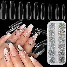 img 4 attached to 600 Clear Long Coffin Acrylic Nail Tips Kit With AB Rhinestone Beads - LoveOurHome Artificial Fingernails For Salon & Home Manicure Designs