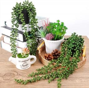img 2 attached to FUNARTY 2Pcs Faux Plants Indoor — Artificial String Of Pearls Plant In Black Pots, Realistic Green Fake Hanging Plants For Shelf Decor Desk Home Garden Decorations