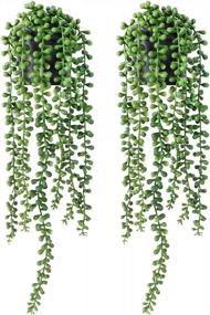 img 4 attached to FUNARTY 2Pcs Faux Plants Indoor — Artificial String Of Pearls Plant In Black Pots, Realistic Green Fake Hanging Plants For Shelf Decor Desk Home Garden Decorations