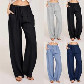 img 3 attached to Women'S Yoawdats Casual Linen Palazzo Pants - High Waisted, Solid Color & Drawstring Loose Fit With Pockets!