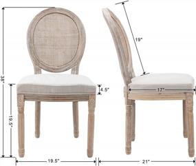 img 2 attached to 🪑 Set of 2 Distressed Beige Fabric French Farmhouse Chairs with Round Rattan Back - Elegant Tufted Kitchen and Dining Room Furniture