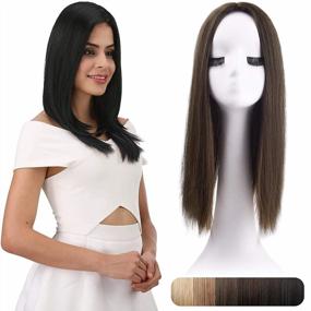img 4 attached to Medium Brown With Highlights 18" Synthetic Hair Topper Wiglet Enhancer - REECHO 3 Clips Straight Hair Extensions Hairpiece For Women
