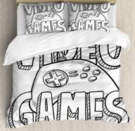 🎮 doodle style video game typography design duvet cover set by lunarable - queen size, black and white, with controller sketch artwork - decorative 3 piece bedding set + 2 pillow shams logo