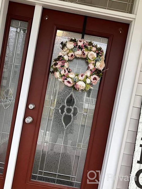 img 1 attached to Artificial Flower Wreath For Spring And Summer Decor - 22 Inch Dahlia And Peony Front Door Wreath For Outdoor And Indoor Wall And Window Display review by Chris Pinkney