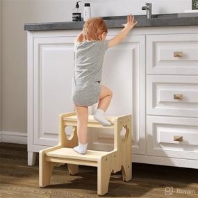 img 3 attached to 🌳 Natural Wood Toddler Step Stool for Kids and Adults - Bowdanie Two Step Stool with Non-Slip Pads, Carpets, Ideal for Bathroom Sink, Kitchen, Potty Training, Bedrooms and Home Use