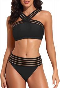 img 4 attached to Get Beach-Ready With Hilor Women'S Front-Crossover Two-Piece Swimsuit: Striking Stripes, Sexy Hollow Detail, And High Waist Bikini Design