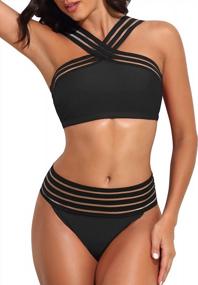 img 3 attached to Get Beach-Ready With Hilor Women'S Front-Crossover Two-Piece Swimsuit: Striking Stripes, Sexy Hollow Detail, And High Waist Bikini Design