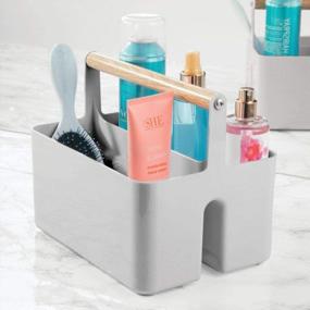 img 3 attached to Gray/Natural Aura Collection Portable Shower Caddy Organizer With Bamboo Handle For Bathroom, Dorm, And Cabinet - Divided Bin Storage For Shampoo And Conditioner By MDesign