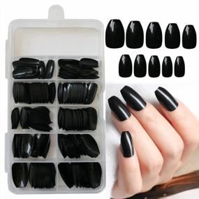 img 4 attached to 240Pc Short Coffin Ballerina Press-On Nails Set, Glossy Colored False Nails With Adhesive Tabs For Full Coverage And Stunning Effects (Black) By LoveOurHome